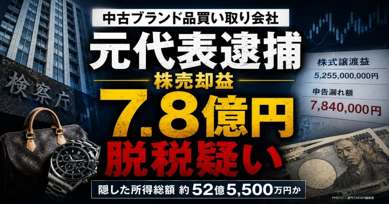 中古ブランド品買い取り会社STAYGOLDの元代表が株式売却益を申告せず約7億8400万円を脱税した疑いで逮捕された事件を伝える報道アイキャッチ