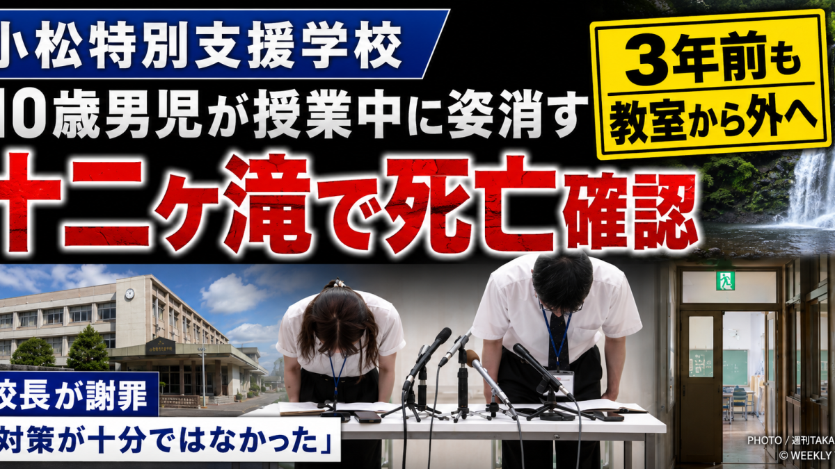石川県小松市の県立小松特別支援学校に通う10歳の男子児童が授業中に姿を消し、3年前にも教室から外へ出た行動があった中で、約1.7km離れた十二ヶ滝で死亡が確認された事案を伝える報道アイキャッチ