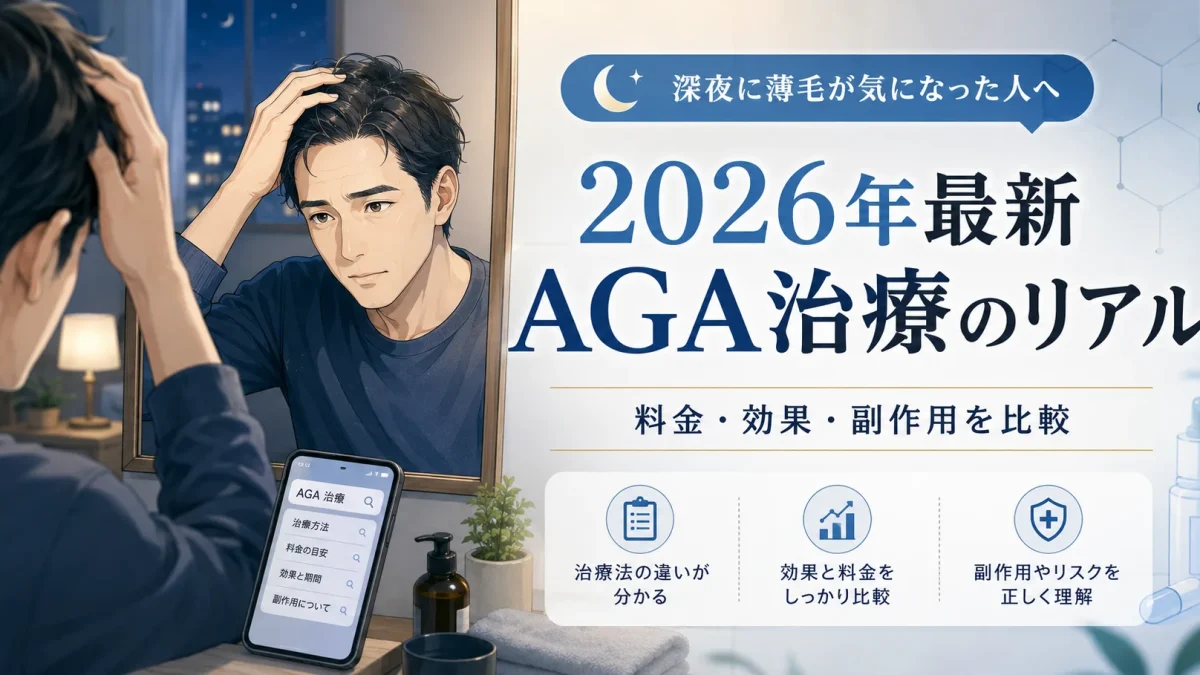 深夜に薄毛や生え際が気になった男性へ向け、2026年のAGA治療の料金、効果、副作用、オンライン診療の選び方を解説する医療コラムのアイキャッチ