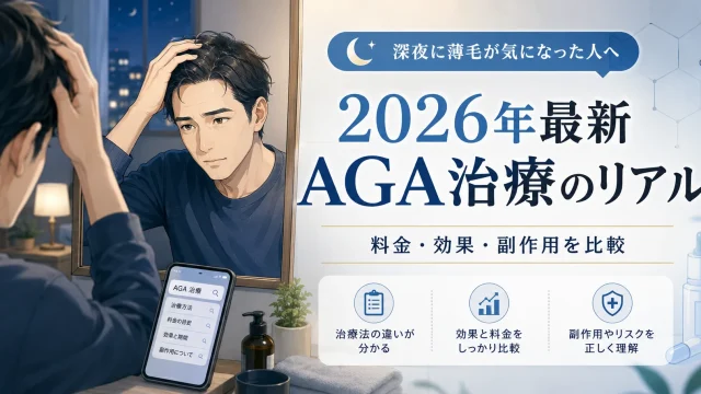 深夜に薄毛や生え際が気になった男性へ向け、2026年のAGA治療の料金、効果、副作用、オンライン診療の選び方を解説する医療コラムのアイキャッチ