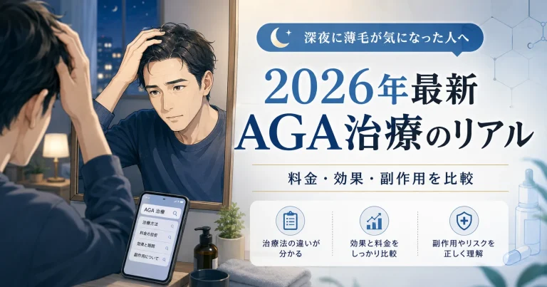 深夜に薄毛や生え際が気になった男性へ向け、2026年のAGA治療の料金、効果、副作用、オンライン診療の選び方を解説する医療コラムのアイキャッチ