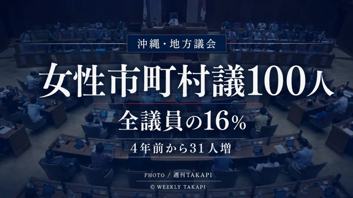 沖縄県内41市町村の地方議会で女性議員が100人となり全体の16%を占めたことを伝える週刊TAKAPIの報道アイキャッチ