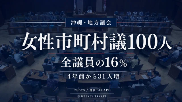 沖縄県内41市町村の地方議会で女性議員が100人となり全体の16％を占めたことを伝える週刊TAKAPIの報道アイキャッチ