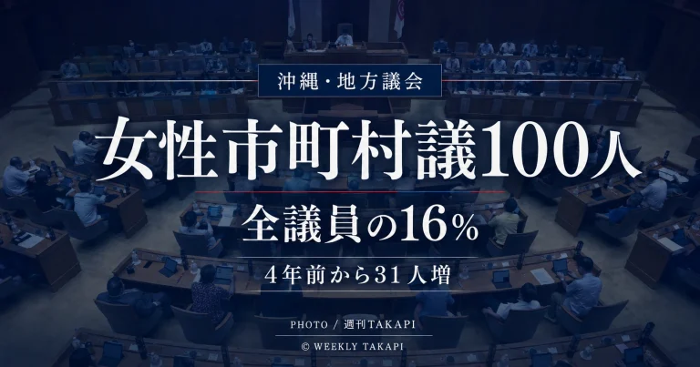沖縄県内41市町村の地方議会で女性議員が100人となり全体の16％を占めたことを伝える週刊TAKAPIの報道アイキャッチ