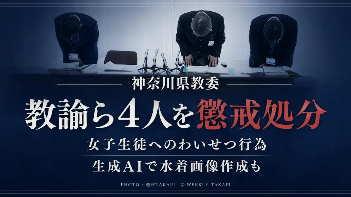 神奈川県教育委員会が県立高校の男性教諭ら4人を、わいせつ行為やセクハラ、生成AIによる水着画像作成などで懲戒処分にしたニュースのアイキャッチ画像
