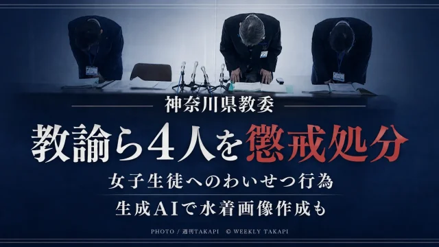 神奈川県教育委員会が県立高校の男性教諭ら4人を、わいせつ行為やセクハラ、生成AIによる水着画像作成などで懲戒処分にしたニュースのアイキャッチ画像