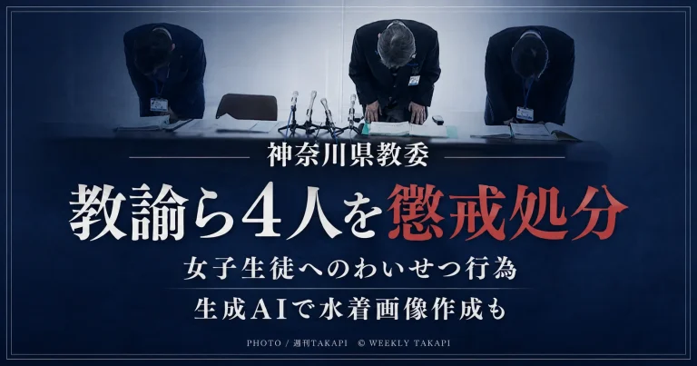 神奈川県教育委員会が県立高校の男性教諭ら4人を、わいせつ行為やセクハラ、生成AIによる水着画像作成などで懲戒処分にしたニュースのアイキャッチ画像