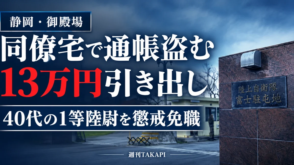陸上自衛隊富士駐屯地で同僚宅の通帳を盗み13万円を引き出したとして40代の1等陸尉が懲戒免職となったニュースのアイキャッチ