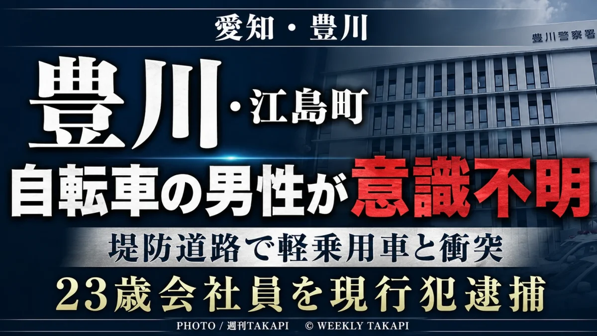 愛知県豊川市江島町の堤防道路で自転車が軽乗用車にはねられ10代後半くらいの男性が意識不明の重体となった事故を伝える週刊TAKAPIの報道アイキャッチ