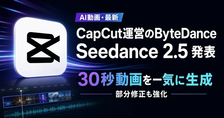 CapCutを展開するByteDanceが、最大30秒の動画生成や複数素材参照、部分編集を強化した動画生成AI「Seedance 2.5」を正式発表したことを伝えるIT系アイキャッチ
