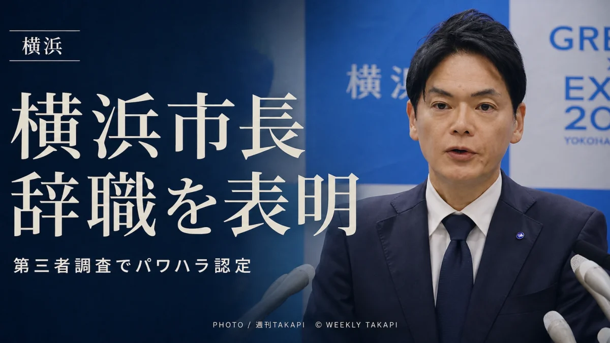 横浜市の山中竹春市長が第三者調査によるパワハラ認定を受け、8月28日に辞職を表明したニュースの報道アイキャッチ