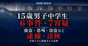 福岡県飯塚市の15歳男子中学生が、強盗や恐喝、窃盗、児童ポルノ禁止法違反など6事件・7つの容疑で逮捕・送検されたことを伝える週刊TAKAPIの報道アイキャッチ