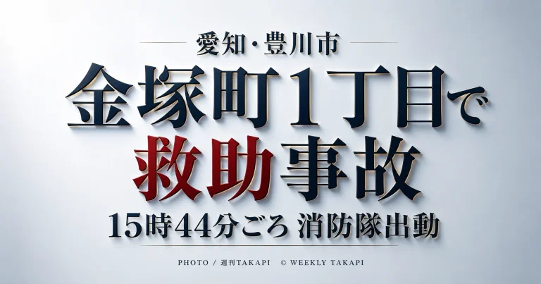 愛知県豊川市金塚町1丁目で8月16日午後3時44分ごろ発生した救助事故と消防隊出動を伝える週刊TAKAPIの報道アイキャッチ