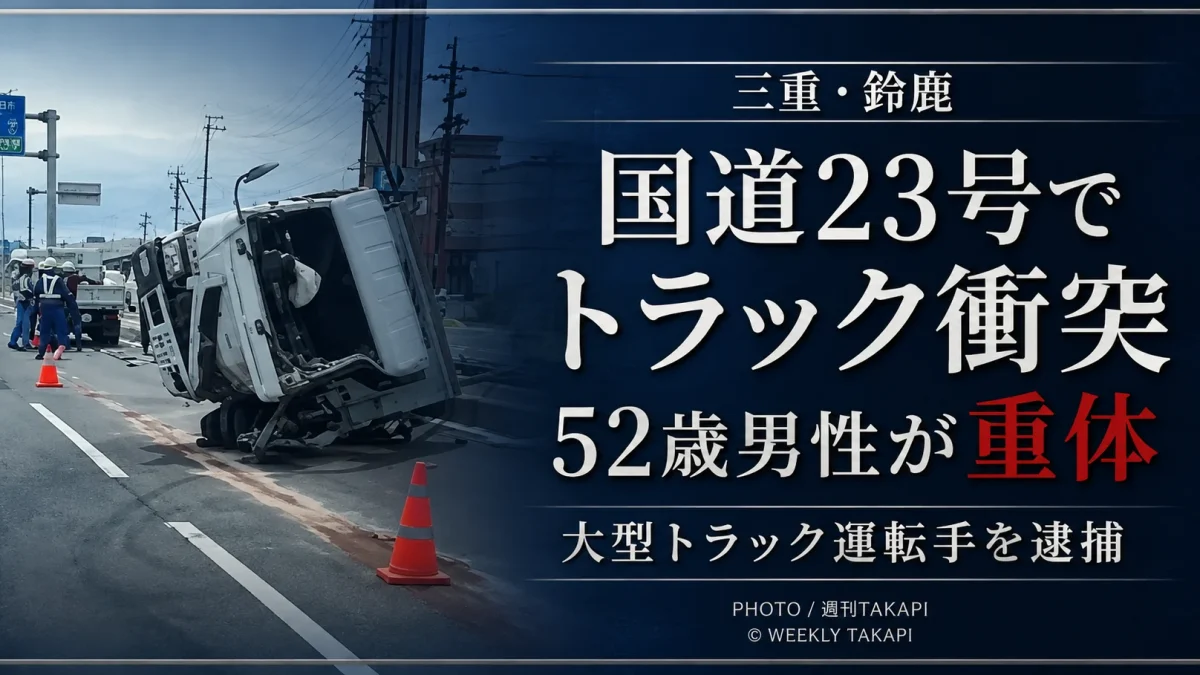 三重県鈴鹿市の国道23号で大型トラックと2トントラックが衝突し52歳男性が重体となった事故を伝える文字アイキャッチ