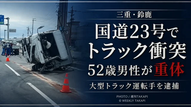 三重県鈴鹿市の国道23号で大型トラックと2トントラックが衝突し52歳男性が重体となった事故を伝える文字アイキャッチ