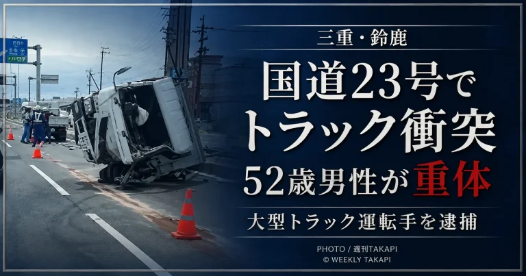 三重県鈴鹿市の国道23号で大型トラックと2トントラックが衝突し52歳男性が重体となった事故を伝える文字アイキャッチ