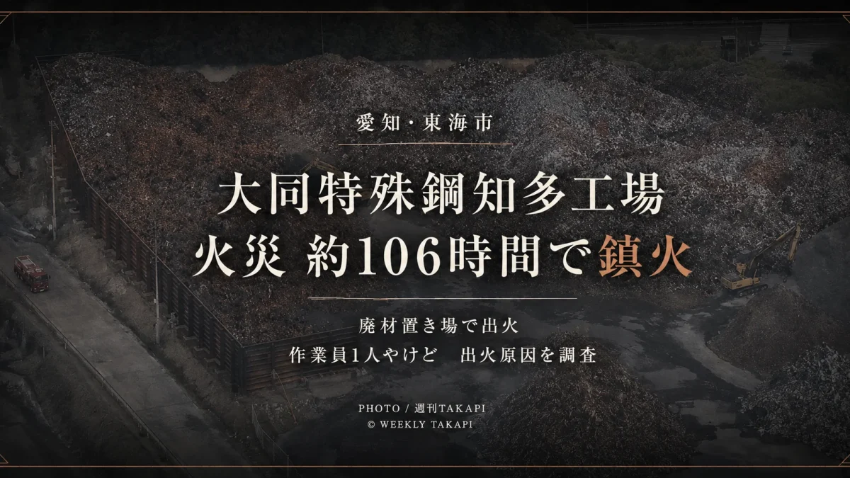 愛知県東海市の大同特殊鋼知多工場で発生した廃材火災が約106時間後に鎮火したニュースを伝える報道アイキャッチ