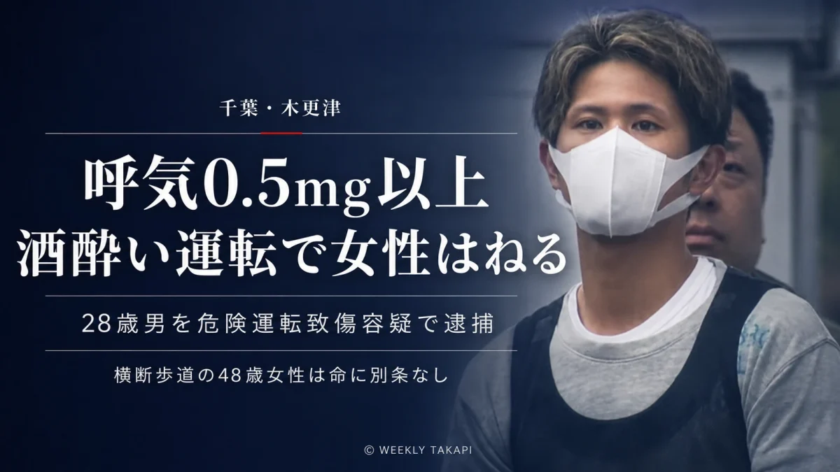 千葉県木更津市で酒酔い運転による事故を起こし28歳の男が逮捕された事件を伝える報道アイキャッチ