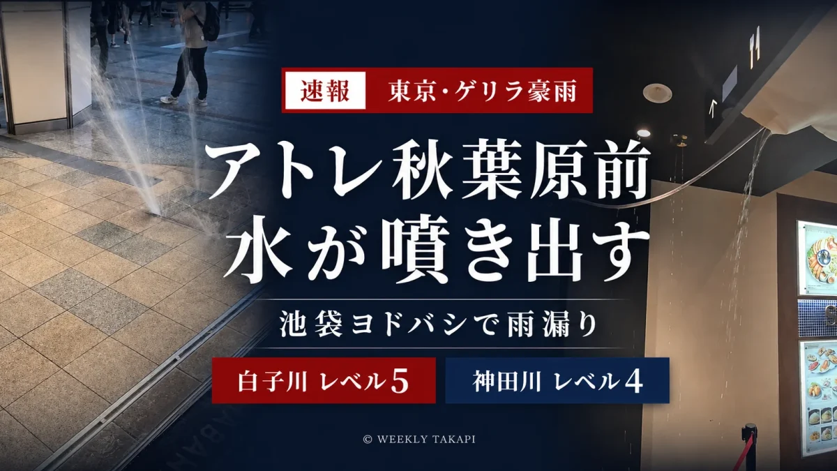 東京都心のゲリラ豪雨でアトレ秋葉原前から水が噴き出し白子川にレベル5相当の氾濫発生情報が出たニュースのアイキャッチ