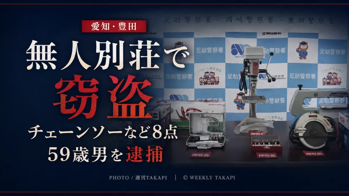 愛知県豊田市の無人別荘に侵入しチェーンソーなど8点を盗んだ疑いで59歳の男が逮捕された事件を伝える週刊TAKAPIのアイキャッチ