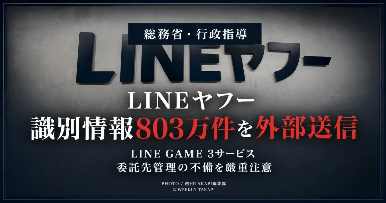 LINEヤフーが運営するLINE GAMEの3サービスで利用者識別情報など約803万件が外部送信され、総務省が電気通信事業法に基づく行政指導を行った問題を伝える報道アイキャッチ