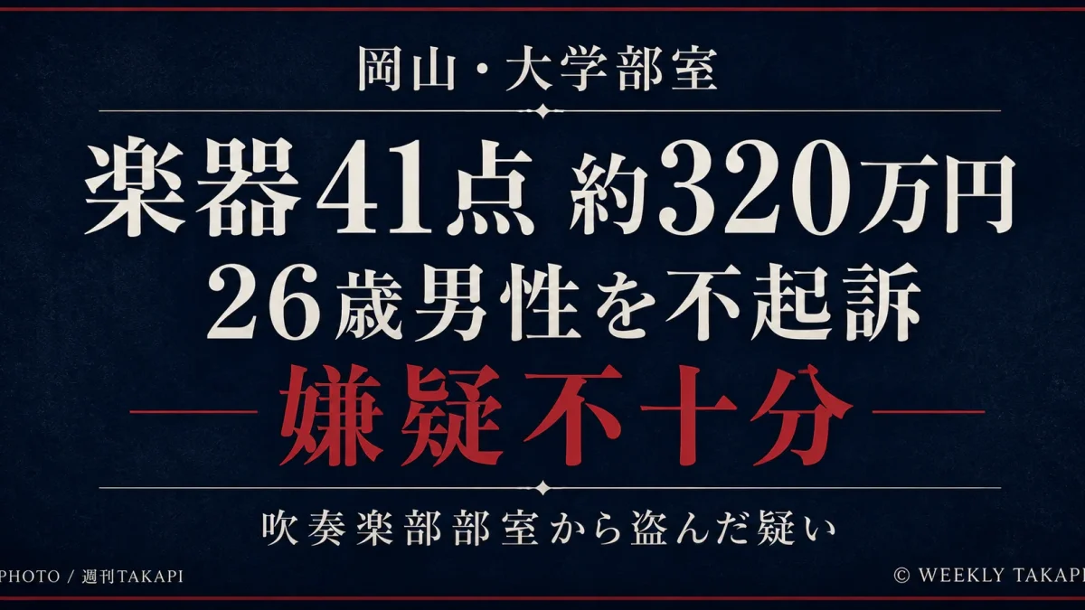 岡山市内の大学部室から楽器41点を盗んだ疑いで逮捕された26歳男性が嫌疑不十分で不起訴となった事件を伝える文字アイキャッチ