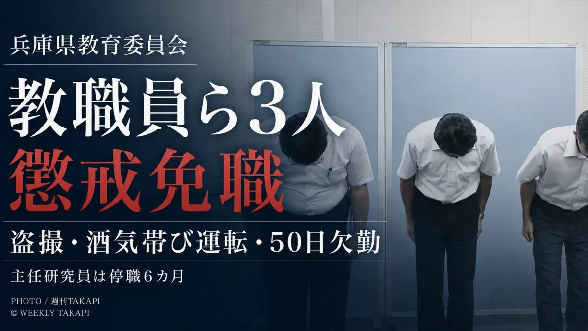 兵庫県教育委員会が盗撮、酒気帯び運転、勤務命令拒否による50日欠勤を理由に教職員ら3人を懲戒免職としたニュースのアイキャッチ