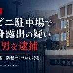 千葉県習志野市のコンビニ駐車場で下半身を露出した疑いで45歳男が逮捕された事件を伝える文字主体の報道アイキャッチ