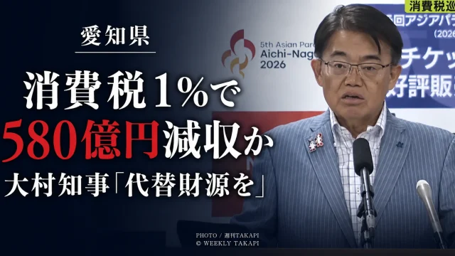 食料品の消費税率を8％から1％に引き下げた場合に愛知県と県内市町村で年間約580億円の減収になるとの試算を伝える報道アイキャッチ