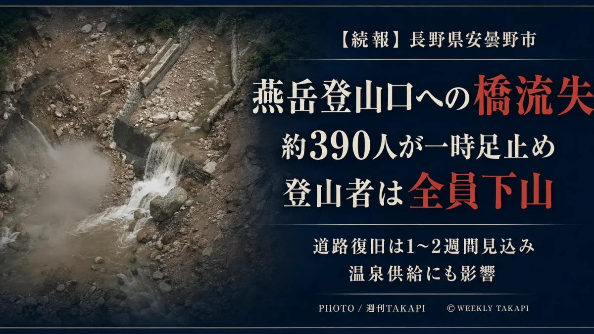 長野県安曇野市で発生した土石流により燕岳登山口へ通じる橋が流失し、約390人が一時足止めされた後、登山者全員が下山したことを伝える週刊TAKAPIの報道アイキャッチ