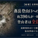 長野県安曇野市で発生した土石流により燕岳登山口へ通じる橋が流失し、約390人が一時足止めされた後、登山者全員が下山したことを伝える週刊TAKAPIの報道アイキャッチ