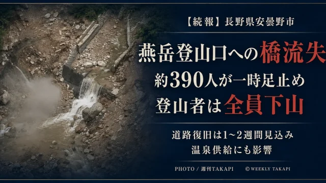 長野県安曇野市で発生した土石流により燕岳登山口へ通じる橋が流失し、約390人が一時足止めされた後、登山者全員が下山したことを伝える週刊TAKAPIの報道アイキャッチ