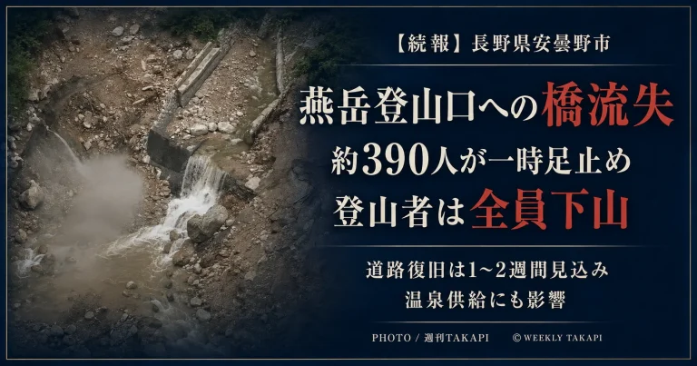 長野県安曇野市で発生した土石流により燕岳登山口へ通じる橋が流失し、約390人が一時足止めされた後、登山者全員が下山したことを伝える週刊TAKAPIの報道アイキャッチ
