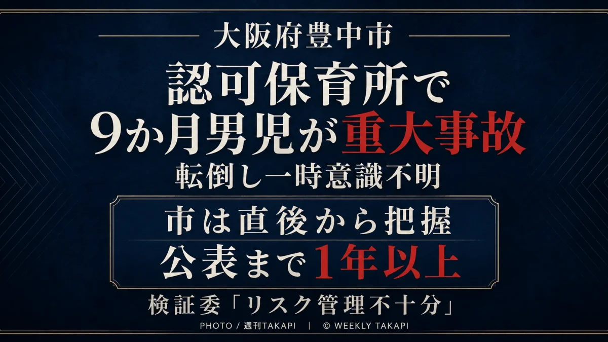 大阪府豊中市の認可保育所で9か月男児が転倒し一時意識不明となった重大事故について、市が直後から把握しながら公表まで1年以上を要したことを伝える週刊TAKAPIの報道アイキャッチ