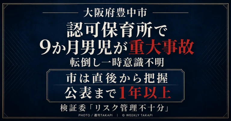 大阪府豊中市の認可保育所で9か月男児が転倒し一時意識不明となった重大事故について、市が直後から把握しながら公表まで1年以上を要したことを伝える週刊TAKAPIの報道アイキャッチ