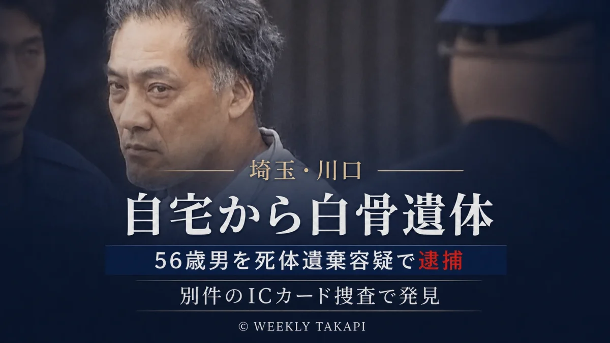 埼玉県川口市の住宅から白骨化した遺体が見つかり56歳男が死体遺棄容疑で逮捕された事件を伝える報道アイキャッチ