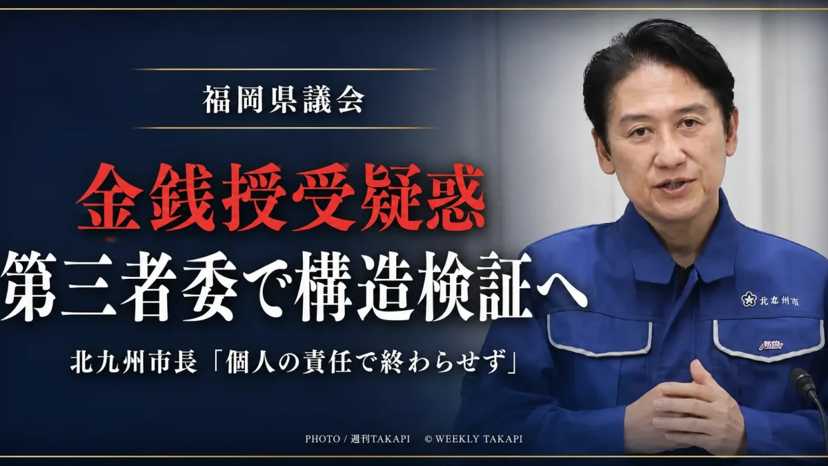 福岡県議会の金銭授受疑惑を巡り、北九州市長が第三者委員会に構造的な問題の検証を求めたことを伝える報道アイキャッチ