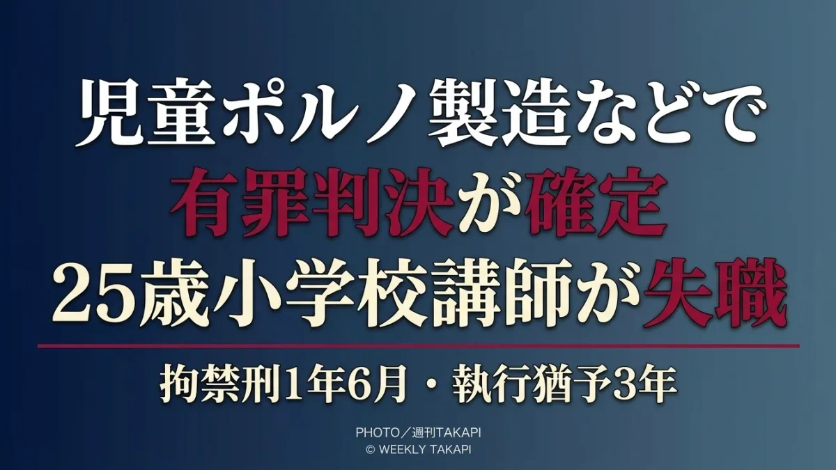 児童ポルノ製造などの罪で有罪判決が確定し岡山市立小学校の25歳男性講師が失職したことを伝える文字アイキャッチ