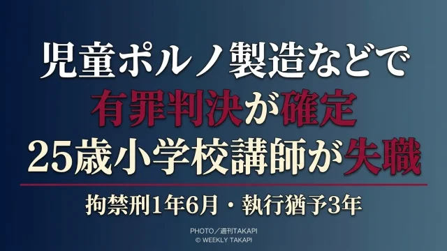 児童ポルノ製造などの罪で有罪判決が確定し岡山市立小学校の25歳男性講師が失職したことを伝える文字アイキャッチ