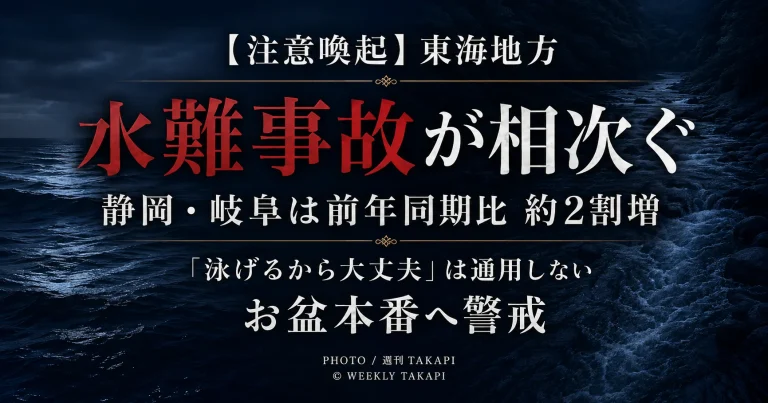 東海地方で水難事故が相次ぎ、静岡県と岐阜県で前年同期比約2割増となっていることを伝え、お盆本番を前に海や川での注意を呼びかける週刊TAKAPIの報道アイキャッチ