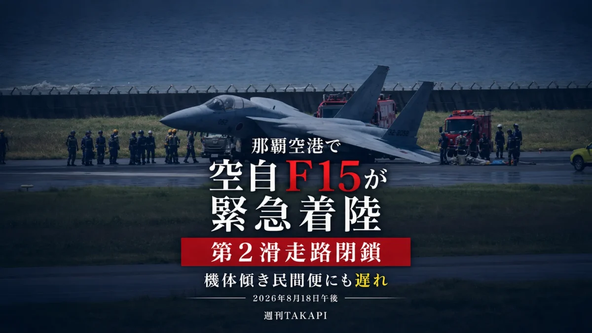 那覇空港で航空自衛隊F15が緊急着陸し第2滑走路が閉鎖されたニュースの文字アイキャッチ