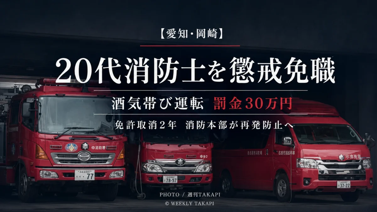 岡崎市の20代男性消防士が酒気帯び運転で罰金30万円の略式命令を受け懲戒免職となった不祥事を伝える報道画像