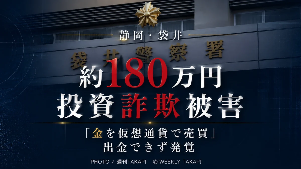静岡県袋井市の50代会社員女性がLINEオープンチャットから投資サイトへ誘導され約180万円をだまし取られた投資詐欺を伝える週刊TAKAPIの報道アイキャッチ