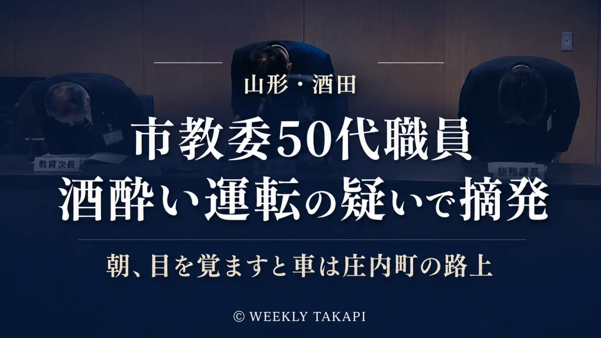 山形県酒田市教育委員会の50代男性職員が酒酔い運転の疑いで摘発され庄内町で警察の任意捜査を受けている事案を伝える報道アイキャッチ