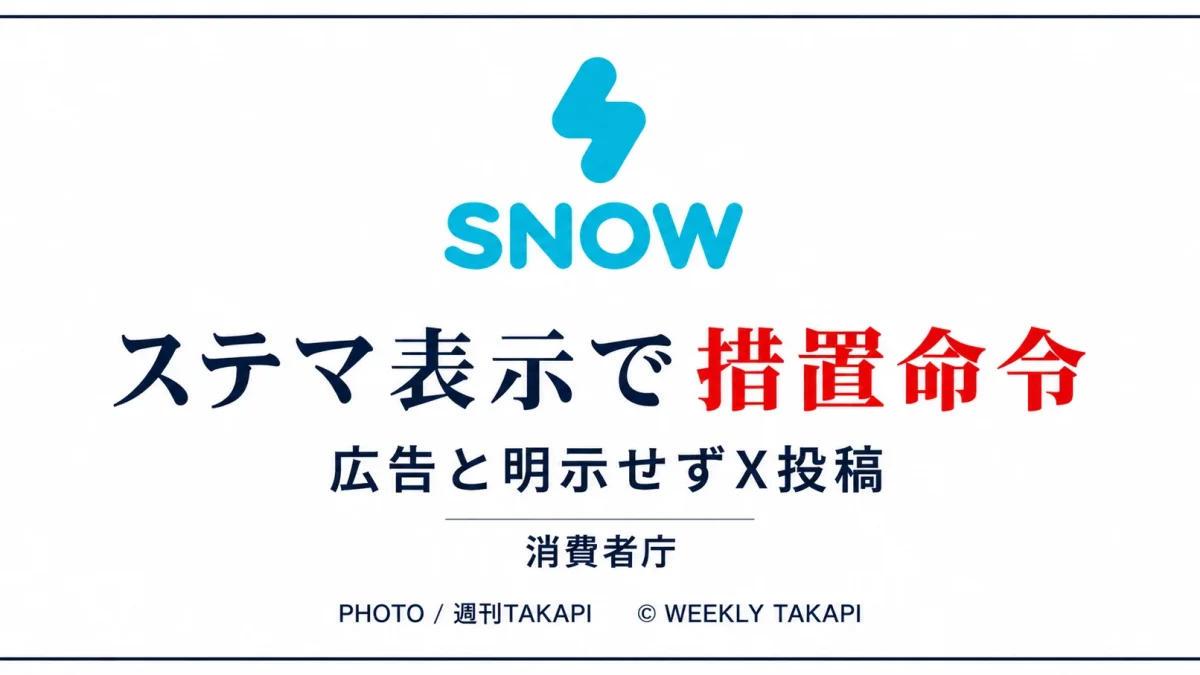 写真加工アプリ「SNOW」の運営会社が、広告と明示せずXへの投稿を依頼したとして消費者庁から措置命令を受けたことを伝える報道アイキャッチ