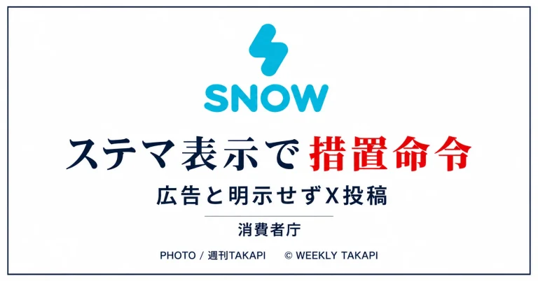 写真加工アプリ「SNOW」の運営会社が、広告と明示せずXへの投稿を依頼したとして消費者庁から措置命令を受けたことを伝える報道アイキャッチ