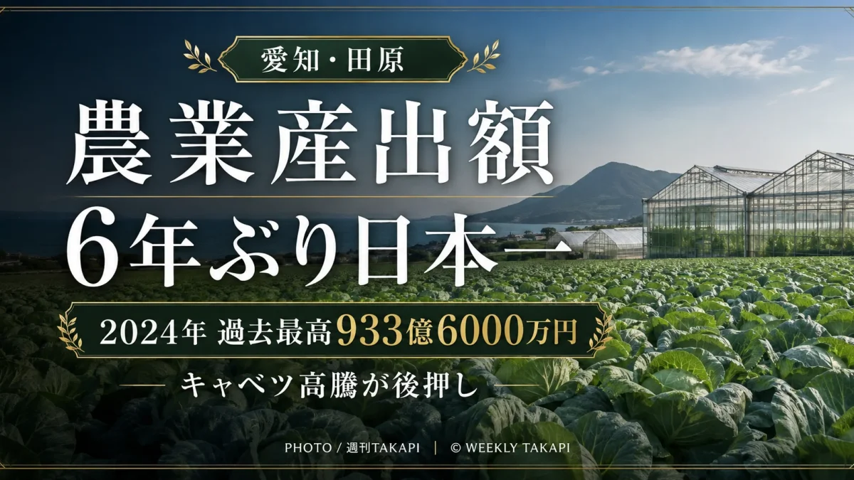 愛知県田原市が2024年の農業産出額933億6000万円で6年ぶりに全国1位となったニュースの報道アイキャッチ