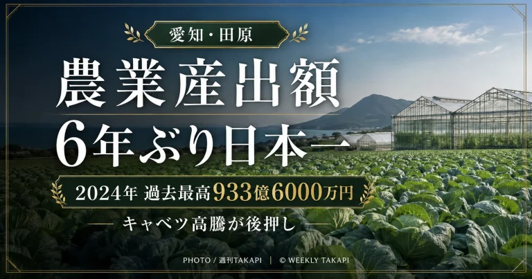 愛知県田原市が2024年の農業産出額933億6000万円で6年ぶりに全国1位となったニュースの報道アイキャッチ