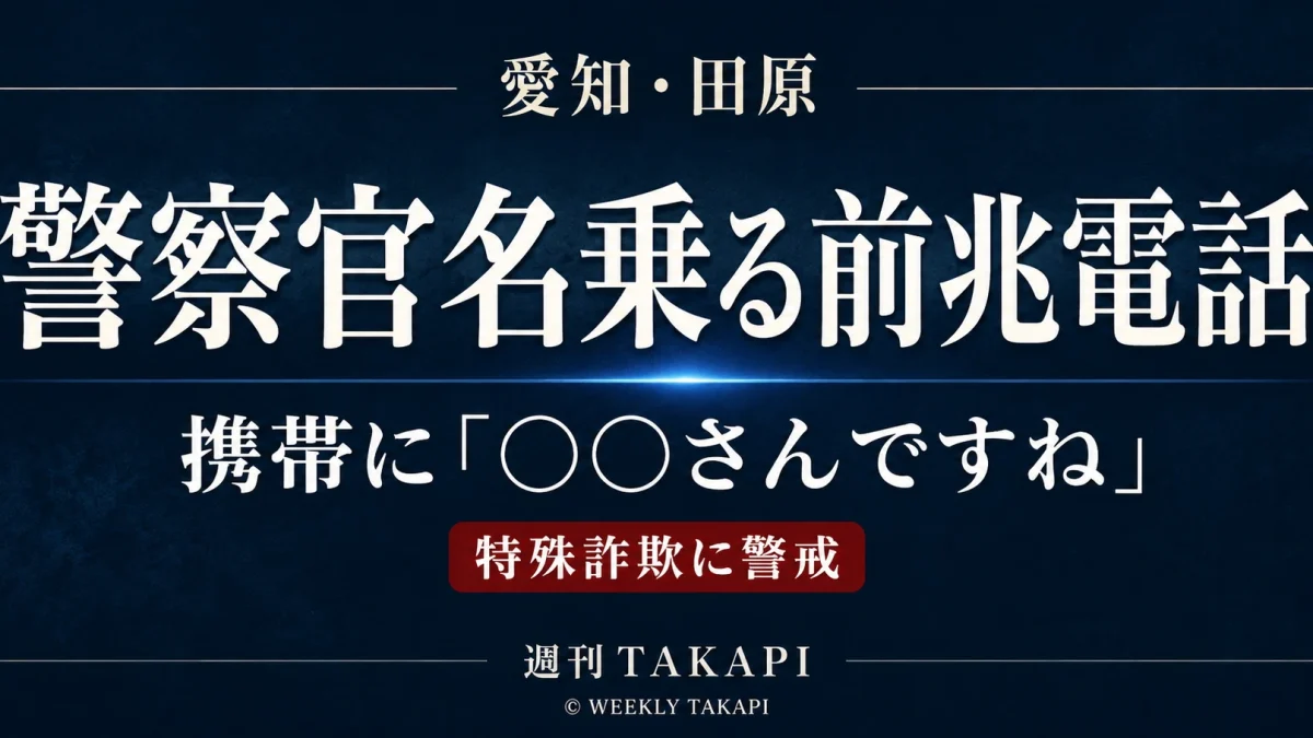 愛知県田原市で警察官を名乗る特殊詐欺の前兆電話が携帯電話にかかってきた事案を伝える週刊TAKAPIの報道アイキャッチ