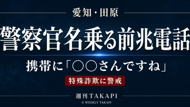 愛知県田原市で警察官を名乗る特殊詐欺の前兆電話が携帯電話にかかってきた事案を伝える週刊TAKAPIの報道アイキャッチ